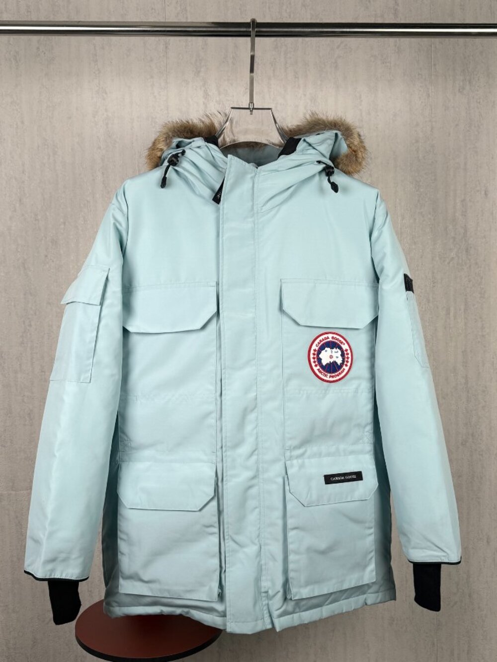 Canada Goose light ice-blue mid-length down jacket